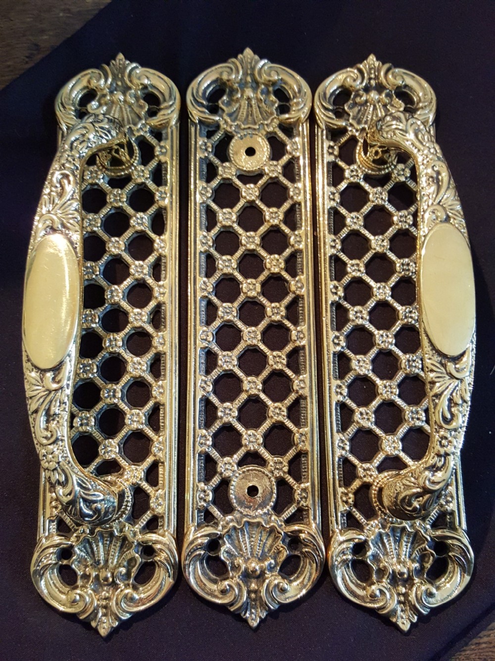 set of brass water gilded regency door pull handles plate